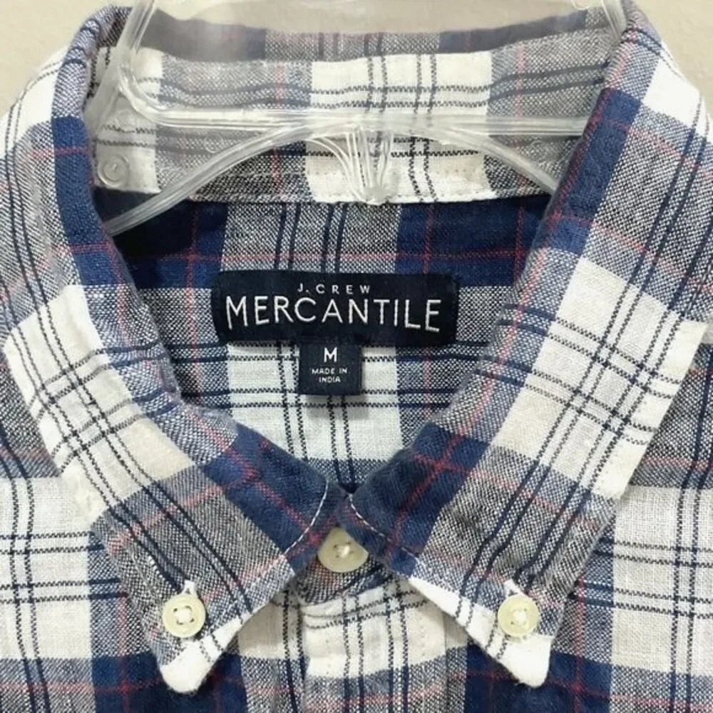 J. Crew Mercantile Linen Shirt Red White & Blue Plaid Men's Sz Med Button Front